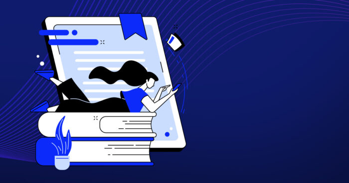 white and blue illustration of a person lying on top of a pile of books and reading a electronic book on their phone screen.