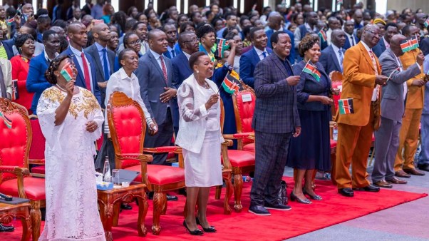 Kenya's first lady, Rachel Ruto, center, participates in a national prayer gathering for Haiti and other countries in downtown Nairobi on April 15.