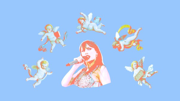 An image of Taylor Swift cut out on a blue background, surrounded by cutout angels.