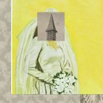 A collage made of paper with a bride and a paper over her head that shows a church steeple