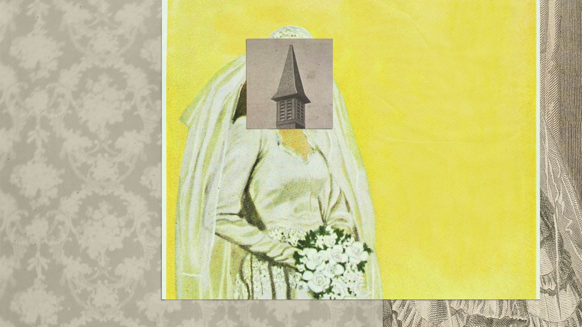 A collage made of paper with a bride and a paper over her head that shows a church steeple