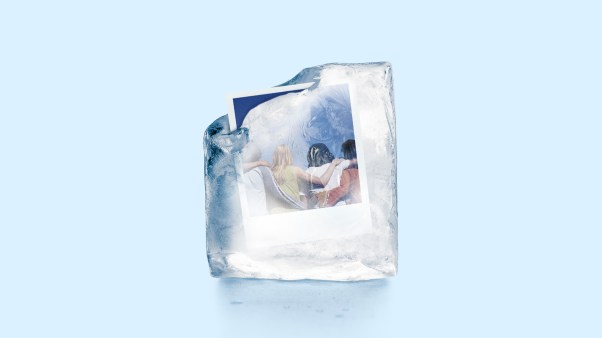 A photo of friends stuck in a melting block of ice.