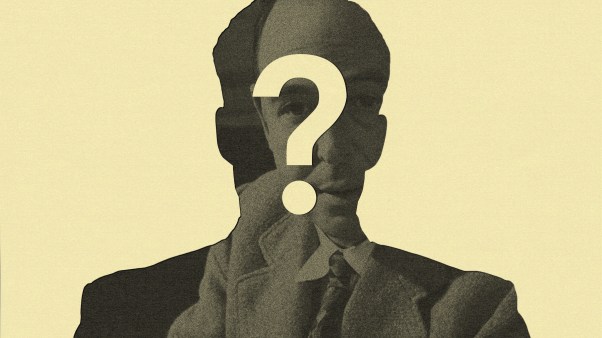 A silhouette with a question mark in the middle and an image of C.S. Lewis showing faintly through.