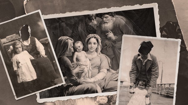 Vintage family photos with one of them showing the Holy Family.