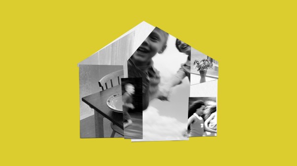 Photos of a kitchen and children running making the shape of a house