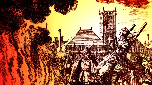 An engraving of Anabaptists being persecuted and burned at the stake.