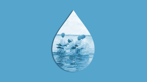 A teardrop shape with a photograph of black missionaries baptizing converts inside it.