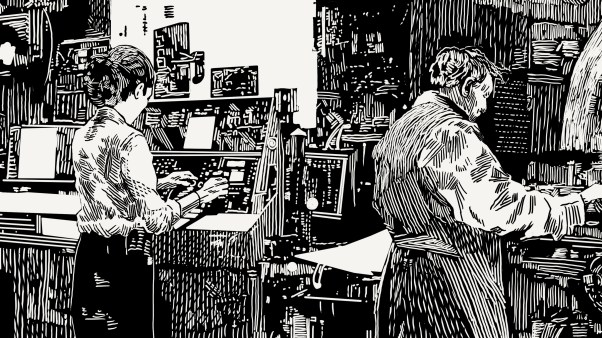 An etching of a man and woman making books