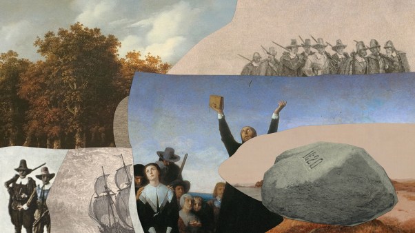 Different old artworks of the pilgrims, the Mayflower, and Plymouth Rock.