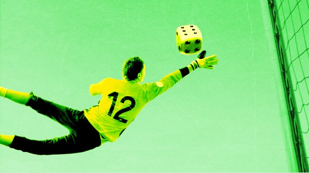 A stylized image of a soccer goalie blocking a "ball" made from a die.