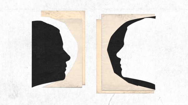 A black and white silhouette of a face made of paper