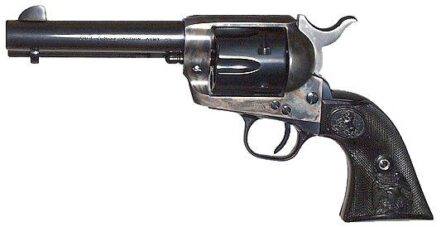 Single Action Army (4.75") - .45 Colt caliber single-action revolver with a biomorphic blued steel finish and a 4.75-inch barrel. Features a blade front sight and a V-notch rear sight. The classic design is reminiscent of the Old West. Safety features rely on the half-cock position of the hammer. Between the handle and chamber a colt horse engraved symbol is featured.