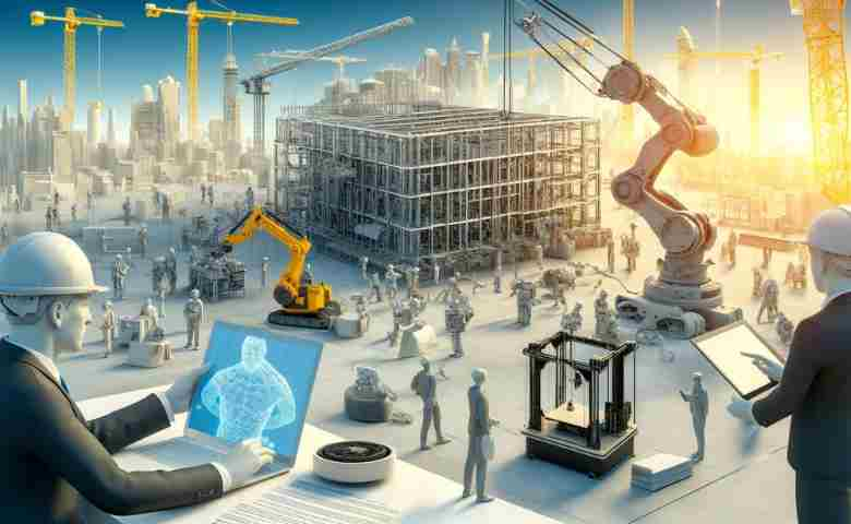 Construction site with robots, 3D printers, and BIM technology