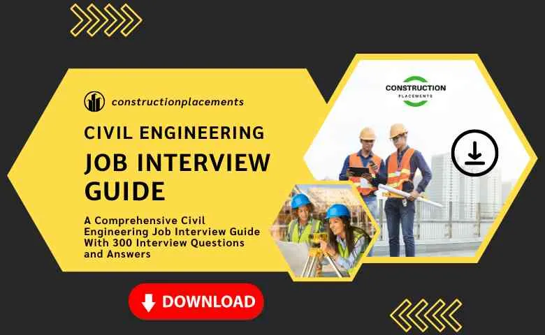 A Comprehensive Civil Engineering Job Interview Guide eBook cover featuring a yellow hard hat and a magnifying glass on a blue background with the title and subtitle of the eBook.