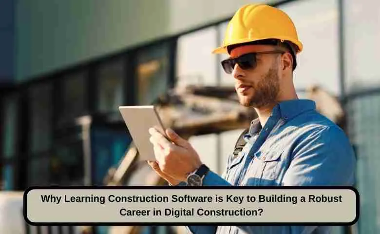 A civil engineer using digital construction software on a laptop at a construction site