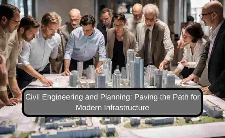 Engineers and planners collaborating over a city blueprint