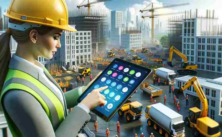 Construction worker using equipment management software on a tablet