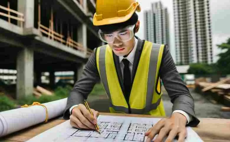 Man wearing a hard hat reviewing construction site plans