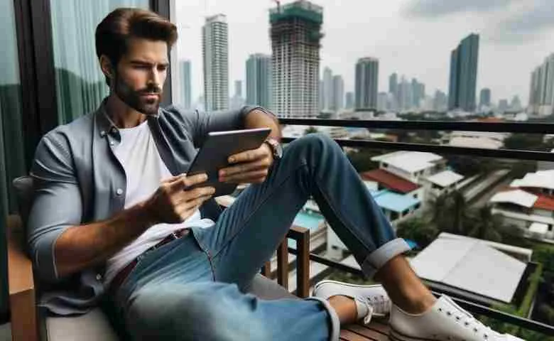 Man browsing local construction job listings on his tablet.