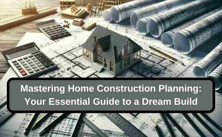 Blueprint and tools on a desk symbolizing home construction planning