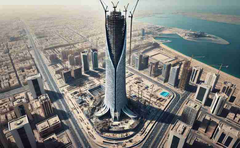 Aerial view of the Jeddah Tower under construction, showcasing its towering height and innovative design against the Jeddah skyline.