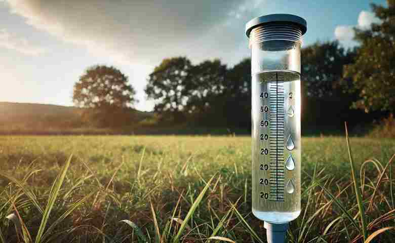 Rain gauge in a field measuring rainfall