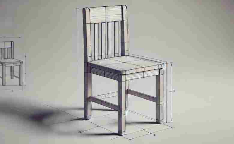 A simple 3D model of a chair, showing the basic structure and dimensions.