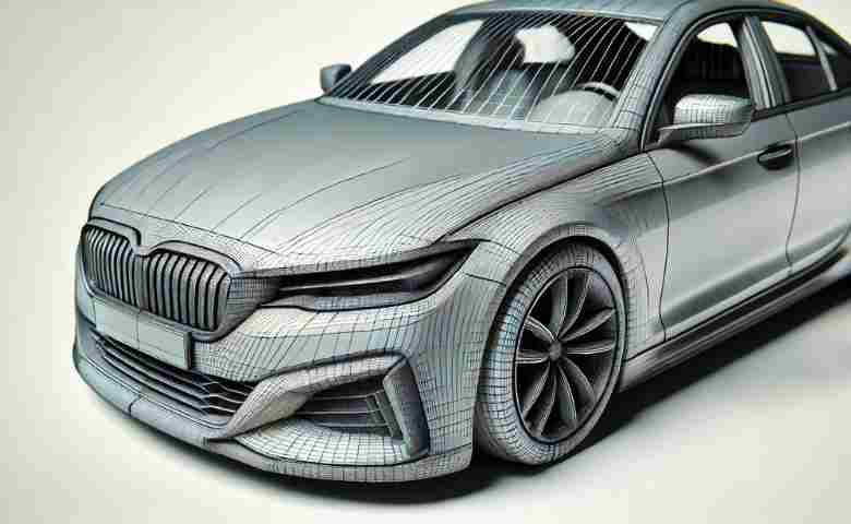 A surface model, showing the detailed exterior contours of a car. 