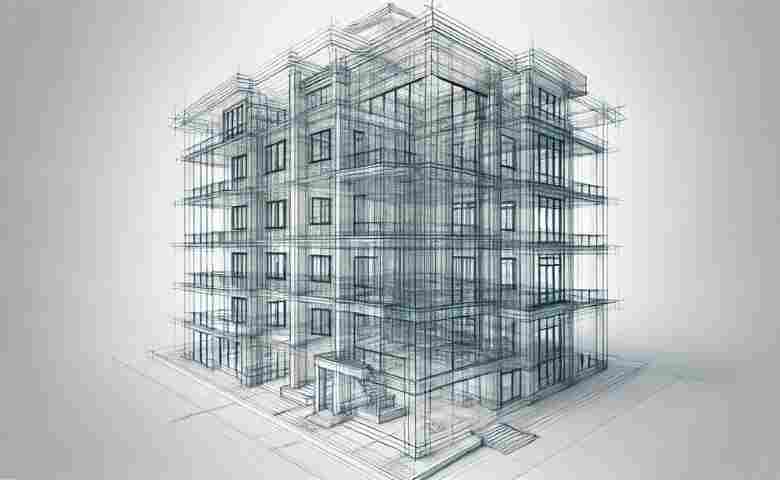 A wireframe model, illustrating the basic framework of a building.