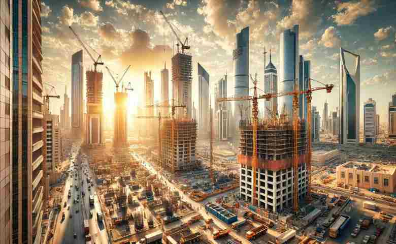 A panoramic view of construction sites and buildings in Kuwait.