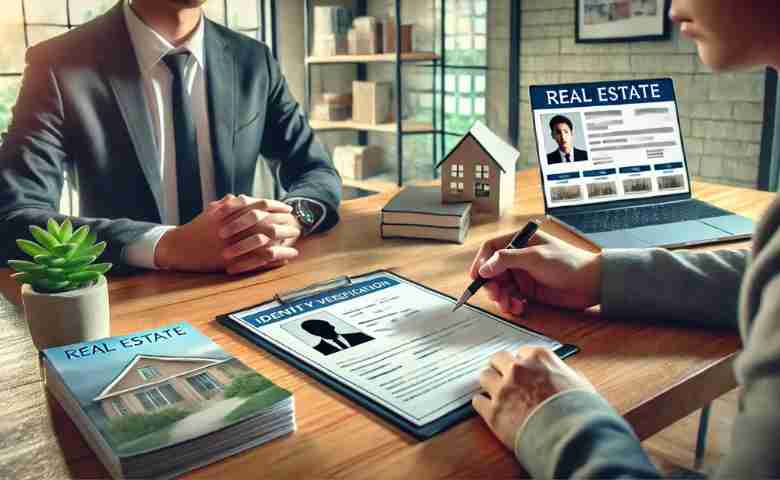 Real estate agent verifying identity of a client during a property transaction