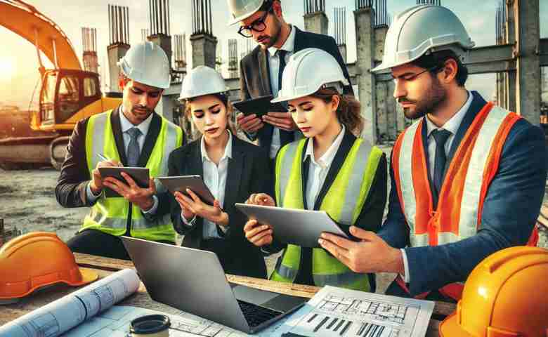 Construction professionals using construction software on-site with safety gear and construction equipment in the background.