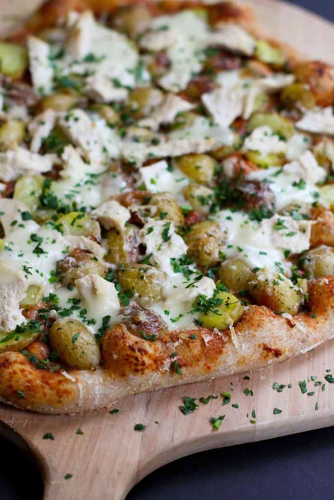 Leftover Turkey (or Chicken) and Potato Pizza…Use up your leftover Thanksgiving turkey or chicken breasts in this flavorful whole wheat pizza! 269 calories and 8 Weight Watchers SmartPoints