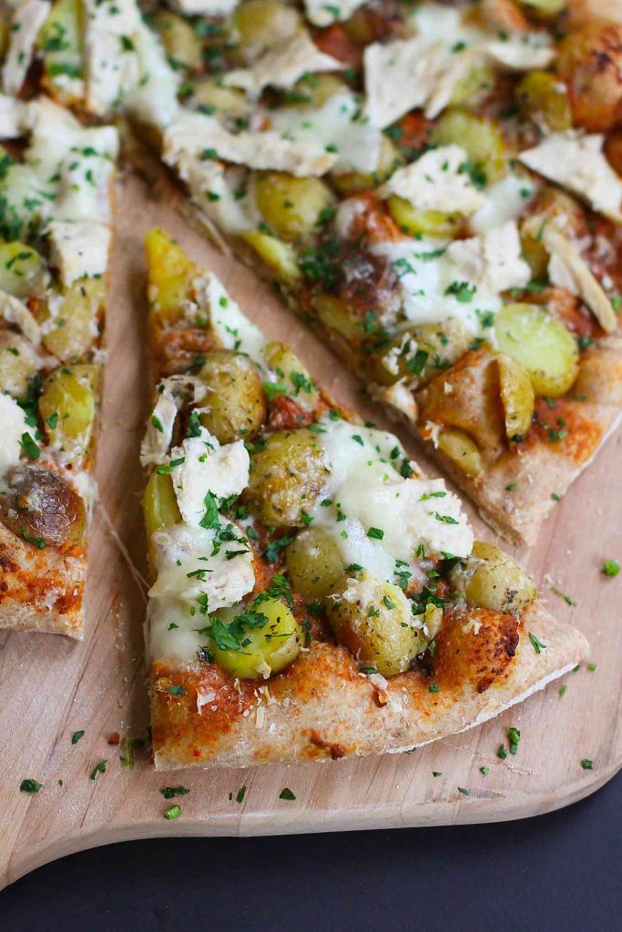 Leftover Turkey (or Chicken) and Potato Pizza…Use up your leftover Thanksgiving turkey or chicken breasts in this flavorful whole wheat pizza! 269 calories and 8 Weight Watchers SmartPoints