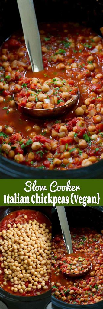 Pull out the crockpot for these vegan Slow Cooker Italian Chickpeas. Serve over rice, pasta and quinoa. 188 calories and 0 Weight Watchers Freestyle SP #vegan #vegetarian