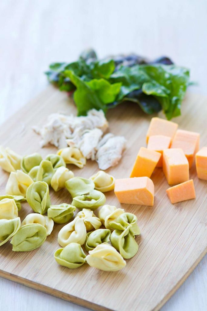 Cheese tortellini, cubed butternut squash, chopped turkey and Swiss chard