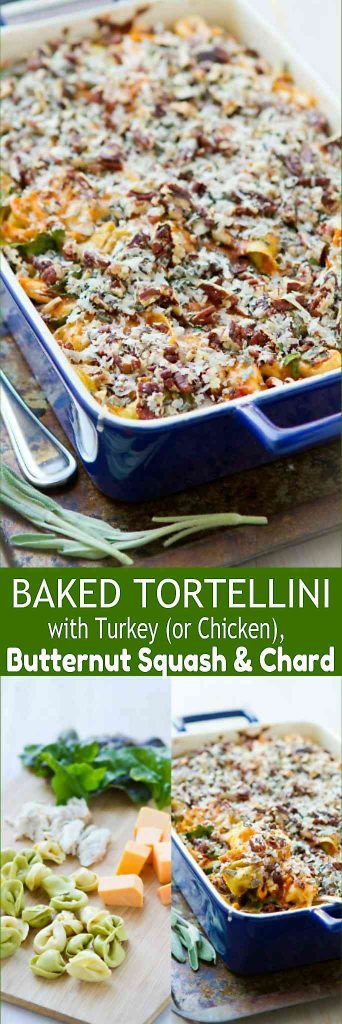 This Baked Tortellini recipe with butternut squash and chard is a fantastic way to use up Thanksgiving turkey or leftover chicken. 335 calories and 9 Weight Watchers SmartPoints