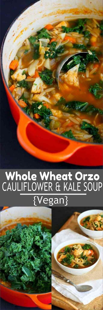 This vegan Whole Wheat Orzo, Cauliflower and Kale Soup is packed with vegetables, flavor and fiber! 205 calories and 4 Weight Watchers Freestyle SP #vegetarian