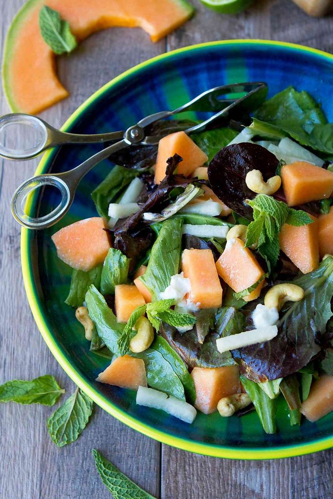 Amazing sweet and savory flavors in this Cantaloupe Goat Cheese Salad. The lime mint dressing adds a citrusy kick. 174 calories and 3 Weight Watchers Freestyle SmartPoints