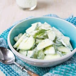 This is one of the easiest summertime salads you can make! This creamy cucumber salad is dressed with a light dill yogurt dressing. 24 calories and 0 Weight Watchers Freestyle SP #salad #cucumber #recipe