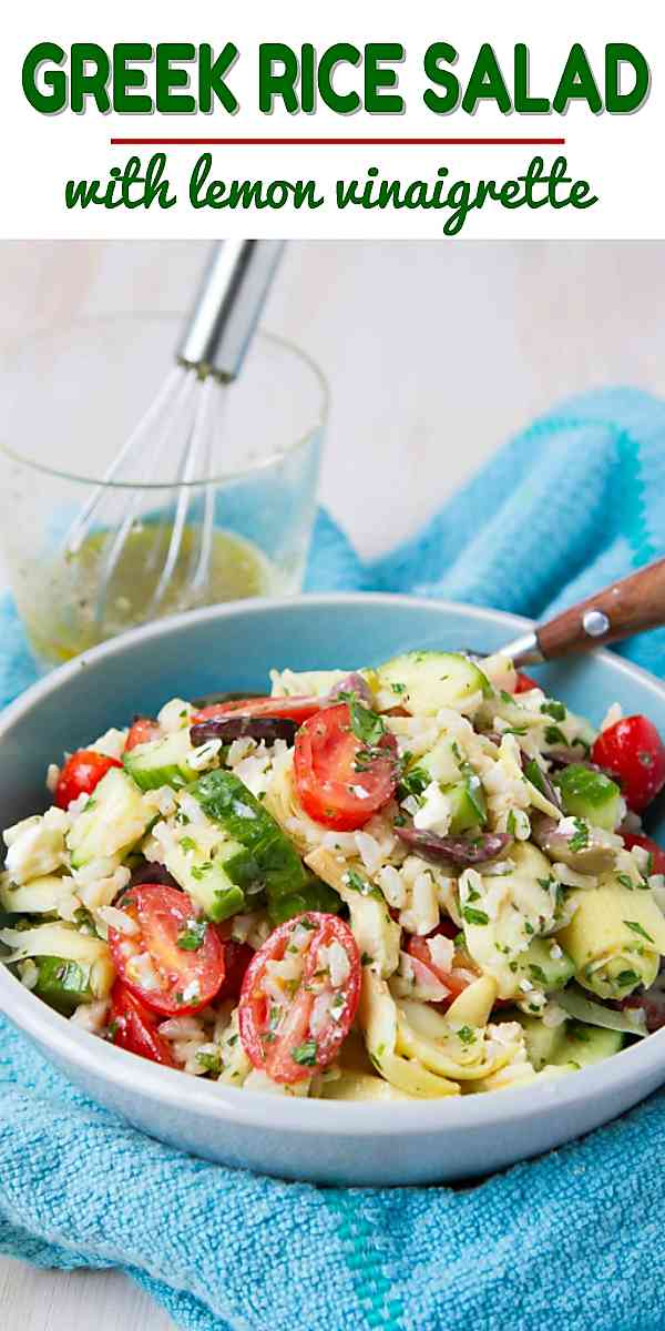 This 15-minute Greek Rice Salad recipe is packed with veggies and tossed with a light lemon vinaigrette. Perfect for potlucks! 125 calories and 4 Weight Watchers Freestyle SP #glutenfree #salad #Greek #healthy #recipe