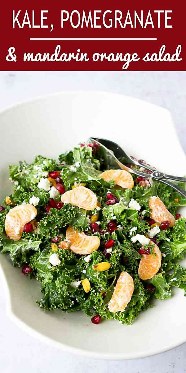 Pomegranates, mandarin oranges and goat cheese shine in this easy, healthy kale salad recipe. 98 calories and 2 Weight Watchers Freestyle SP #saladrecipes #kalesalad