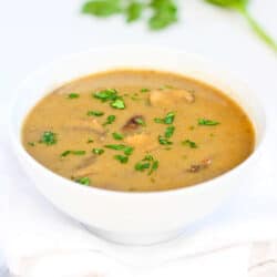 This vegan cream of mushroom soup recipe has the enticing texture of fresh mushrooms and a layer of flavor from a touch of curry. Only 101 calories and 2 Weight Watchers Freestyle SP per serving. #vegan #weightwatchers