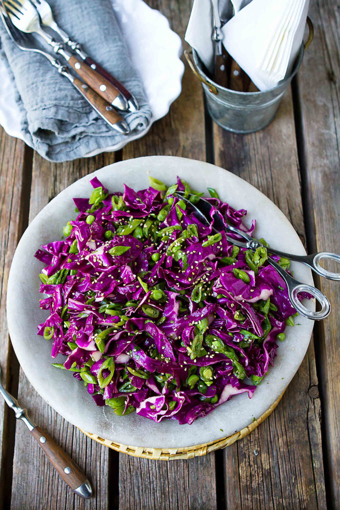 Serve up this snap pea and purple cabbage slaw as a healthy summertime side dish. 85 calories and 2 Weight Watchers Freestyle SP #hoisin #sidedish #salad