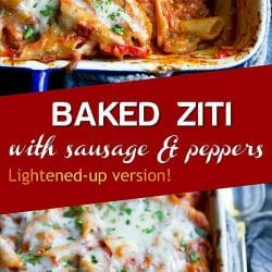 Baked ziti with sausage and peppers is fantastic for feeding a crowd! Make ahead options are included, which makes entertaining or weeknight cooking even easier. 332 calories and 7 Weight Watchers SP | Without Ricotta | Easy | With Italian Sausage | Recipe | For a Crowd #bakedziti #healthypastarecipes #foracrowd #weightwatchers