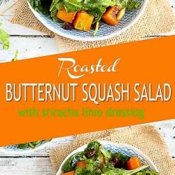 Treat yourself to this colorful, healthy and vegan roasted butternut squash salad. The sriracha lime dressing adds a great kick! 219 calories and 2 Weight Watchers SP | Warm | Arugula | Vegan | Vegetarian | Black Beans | Healthy #butternutsquash #squashrecipes #meatlessmonday #vegetarianrecipes #dinnerrecipes