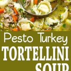 My family LOVES this Pesto Turkey Tortellini Soup recipe! And really, you can never have enough 30 minute recipes in your arsenal. 230 calories and 4 Weight Watchers SP | Ground Turkey | Stovetop | Easy | Healthy | 30 Minute Meal | Recipes | Broth #tortellinisoup #30minutemeals #easydinnerrecipes #souprecipes #healthysoups #weightwatchers #smartpoints