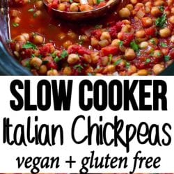 Pull out the crockpot for a batch of these vegan Slow Cooker Italian Chickpeas. Mix in some extra vegetables if you’d like and serve over rice or quinoa. 188 calories and 0 Weight Watchers SP | Crock Pot | Vegan | Vegetarian | Plant Based | Garbanzo Beans | Chana #plantbased #veganrecipes #slowcooker #crockpotrecipes #meatless #wwrecipes #smartpoints