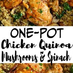 Collage of two photos of chicken, quinoa, mushrooms and spinach in a black skillet.