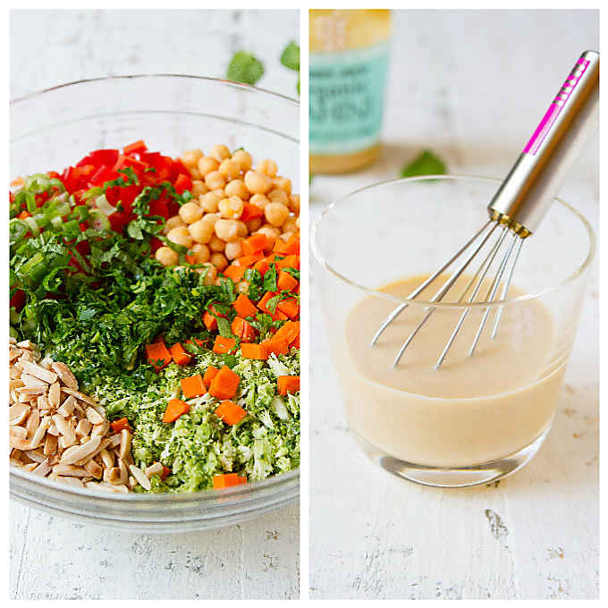 Two photos - ingredients for broccoli salad and tahini dressing in a glass with whisk